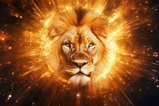 A lions head emerging from bright cosmic light. photo