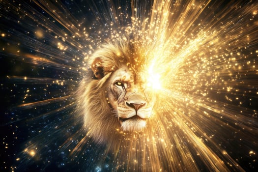 A lions head emerging from bright cosmic light. photo