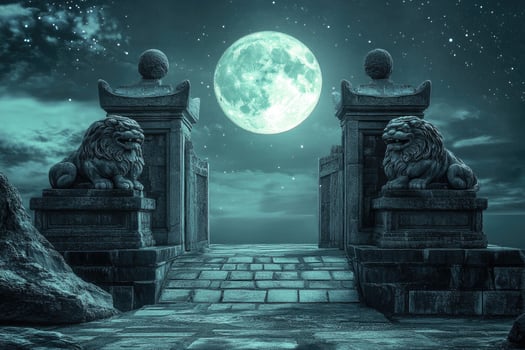 A mystical gateway with stone lions under moonlight. photo