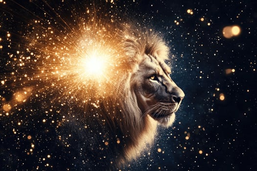 A lions head emerging from bright cosmic light. photo