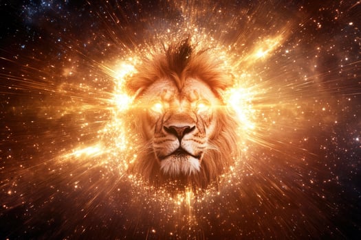 A lions head emerging from bright cosmic light. photo