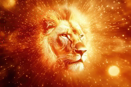 A lions head emerging from bright cosmic light. photo