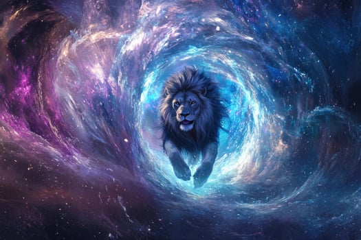 A lion stepping through a glowing portal with swirling energies. photo