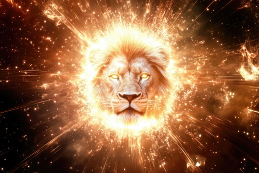 A lions head emerging from bright cosmic light. photo