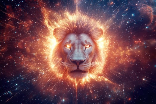 A lions head emerging from bright cosmic light. photo