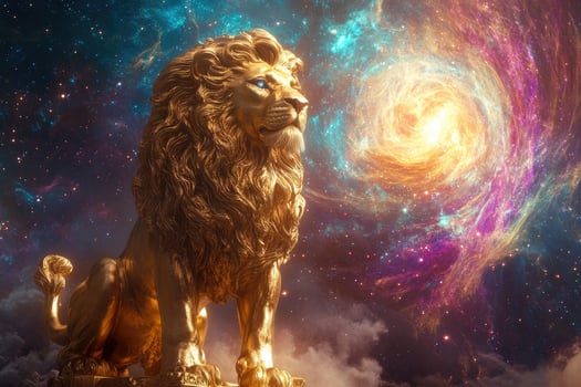 A golden lion statue with a glowing cosmic portal. photo