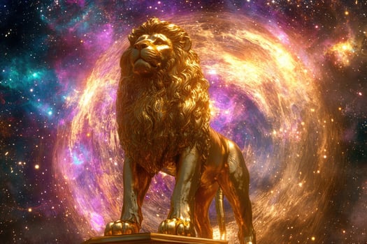 A golden lion statue with a glowing cosmic portal. photo