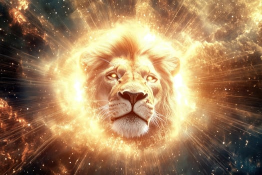 A lions head emerging from bright cosmic light. photo
