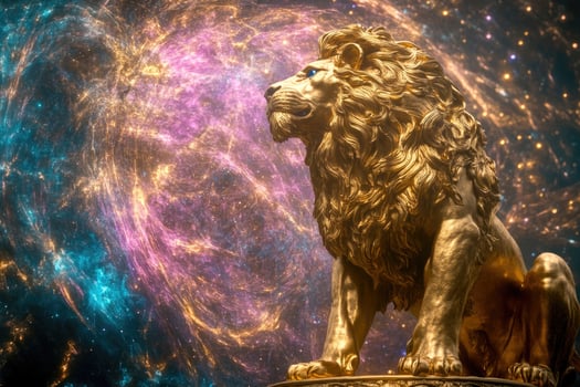 A golden lion statue with a glowing cosmic portal. photo