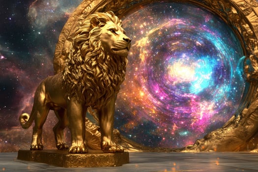 A golden lion statue with a glowing cosmic portal. photo