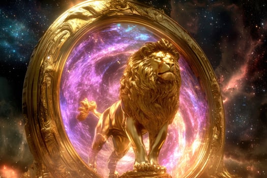 A golden lion statue with a glowing cosmic portal. photo