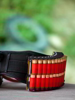Sports cartridge belt. Red cartridges for a shotgun in a cartridge case. Green blurred back photo