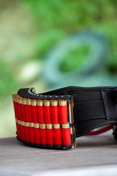 Sports cartridge belt. Red cartridges for a shotgun in a cartridge case. Green blurred back photo