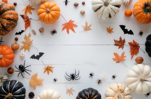 Autumn Halloween Decoration With Pumpkins, Bats, and Spiders On White Background photo