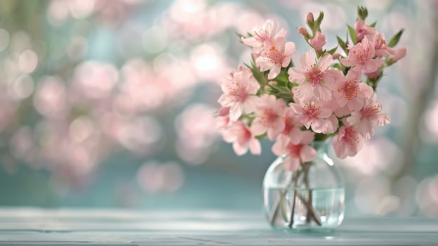 Pink Tulips and Carnations in Glass Vase on Wooden Table With Soft Background photo