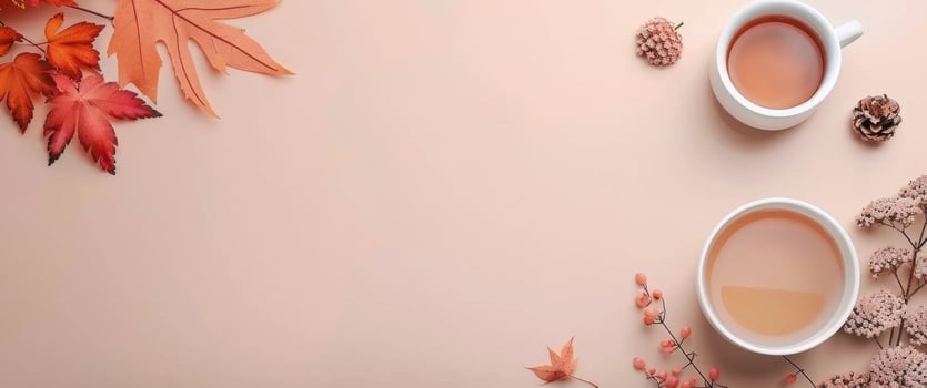 Autumn Leaves Surrounding a Cup of Tea on a Beige Surface photo