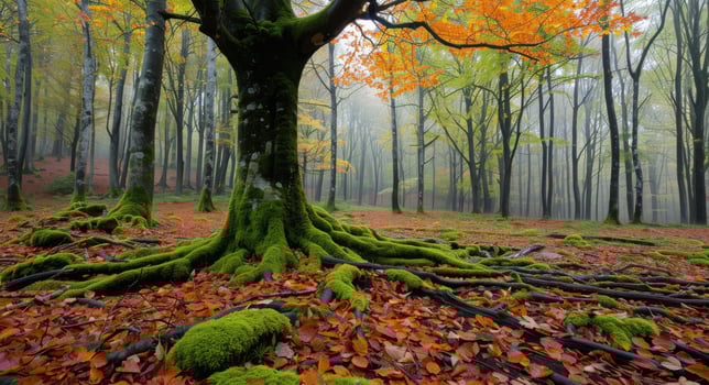 Misty Forest With Autumn Leaves and Moss-Covered Roots in a Serene Landscape photo