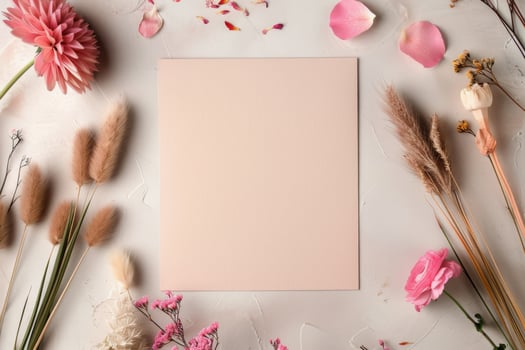 Floral Arrangement With Blank Paper Surrounded By Colorful Petals photo