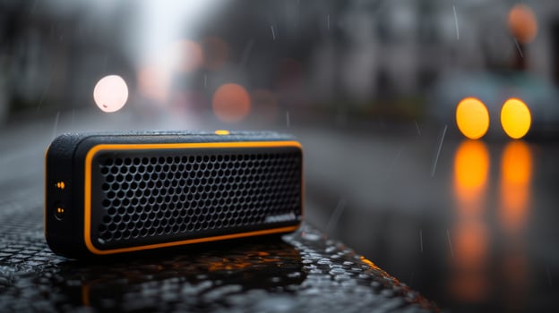Compact Portable Bluetooth Speaker in a Cozy Indoor Setting During Evening photo