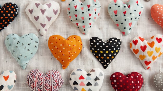 Colorful Knitted Hearts Arranged on a Cozy Textile Background photo