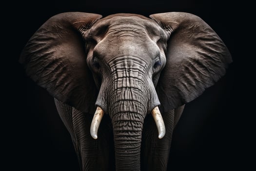 Mesmerizing elephant frontal on a dark background. AI generate photo