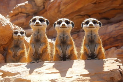 Group of meerkats standing upright in a sandy habitat photo