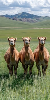 Camels standing in a grass field representing nature and wilderness in daylight. photo