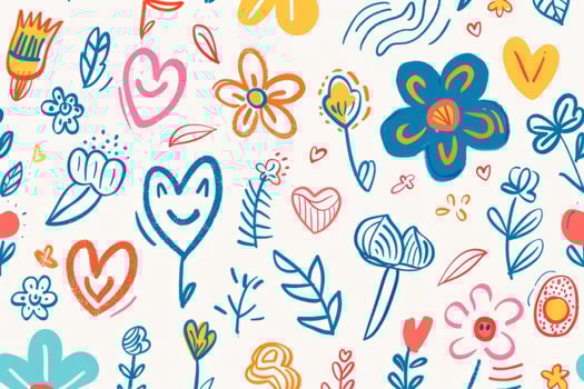 Cute children's doodles. A set of children's elements for drawing by hand. A flower, a heart, a leaf is a style that children draw. photo