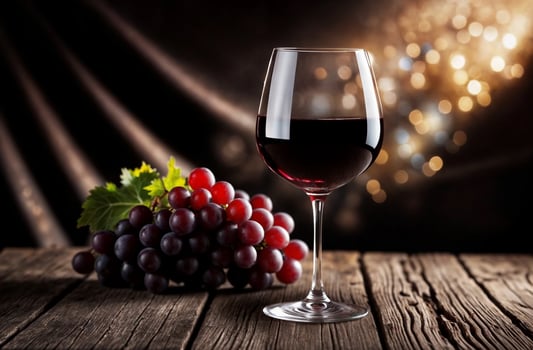 Glass of red wine and handful of ripe grapes on wooden surface with dark background photo