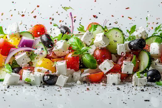 Ingredients for Greek salad are appetizingly scattered on a white table. Mediterranean cuisine concept. Generated by artificial intelligence photo