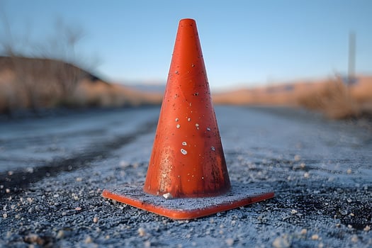 Safety Orange Traffic Cone on Rural Road Construction, Safety, and Caution Themes photo
