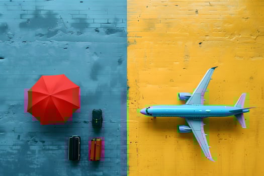Travel Essentials Airplane and Luggage with Red Umbrella on Colorful Background - Ideal for Holiday and Vacation Themes photo