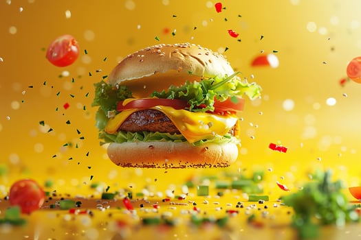 Appetizing burger with greens, tomato and cheese in flight on a yellow background with blur. photo