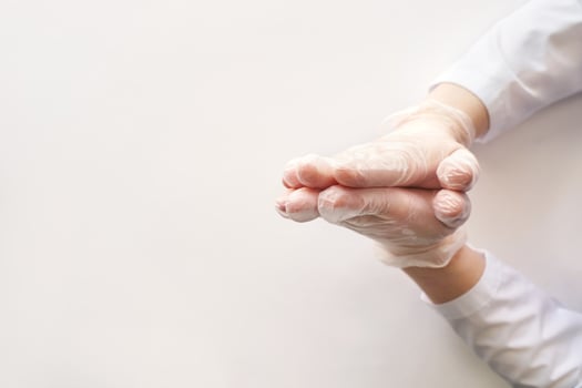 Pray in Medical glove. Surgery doctor hand. Medicine healthcare operation equipment. Specialist clean hospital arm. Sanitation protection gesture. Sterile hygiene concept. Namaste. White transparent photo