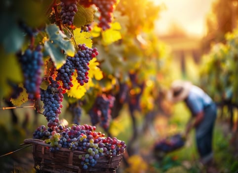 Beautiful ripe grapes. Blurred background. A vineyard worker picking grapes. Harvesting. photo