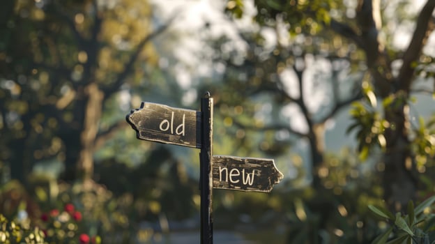 two road signs painted in different directions on a blurred background of the park landscape. The concept of choice. photo