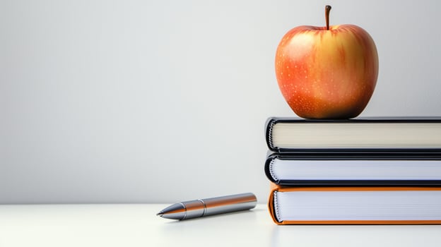Apple and four books and a pen photo