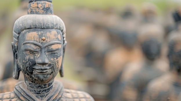Buddhist Statue in Tranquil Temple Garden at Sunset photo