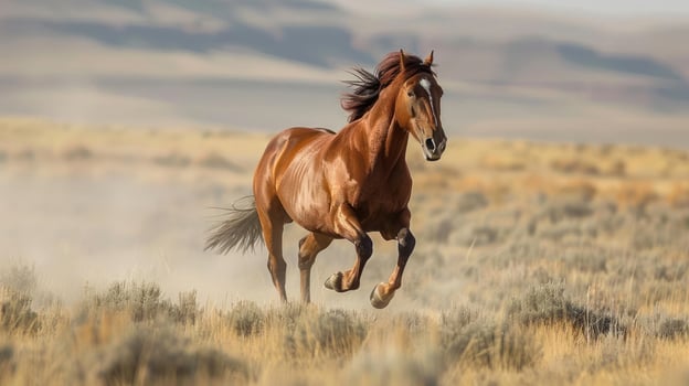 A brown horse galloping in a field of grass and dry brush, photo