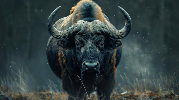 A majestic buffalo, possibly a bull bison or a yak in the snow during winter. photo