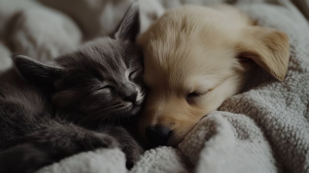 A cozy kitten and puppy snuggled together on a soft blanket in a warm home setting photo