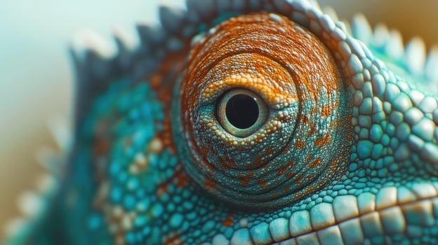 Close-up of a vibrant chameleon eye showcasing intricate details in a natural habitat during daylight photo