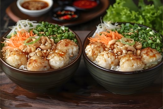 Delicious Asian Dumpling Noodle Bowls Ready for Serving - Perfect for Food Photography and Culinary Design photo
