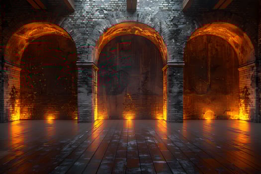 Atmospheric Arched Brick Hall with Warm Ambient Lighting - Ideal for Design, Print, and Poster photo