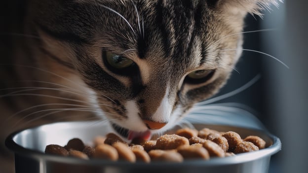 Cat feeding on dry kibble from a stainless steel bowl in a well-lit indoor setting photo