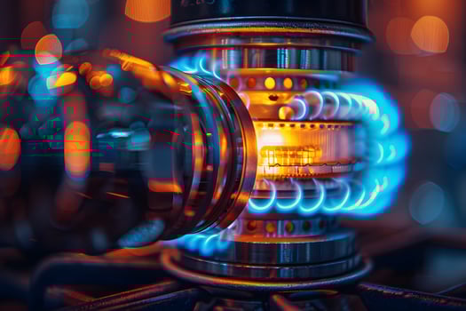 Industrial Machinery Close-Up of High-Tech Mechanical Equipment with Glowing Blue and Orange Lights photo