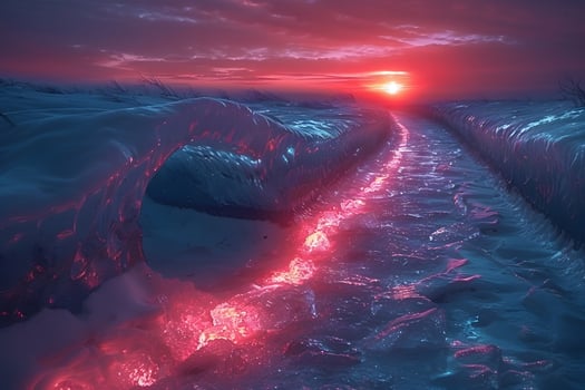 Surreal Winter Sunset Landscape with Snow-Covered Path and Glowing Light photo