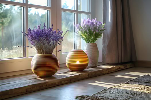 Sunlit Cozy Interior with Lavender Decor in Wooden Vases by a Large Window - Ideal for Home Decor, Relaxation Themes photo