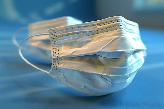 Protective Surgical Face Masks on Blue Surface for Healthcare Safety and Hygiene photo