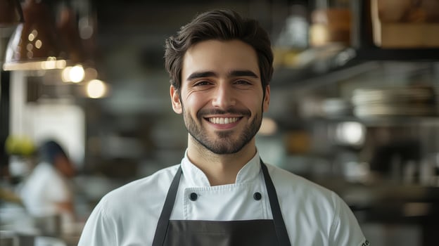 A smiling chef stands in a bustling restaurant kitchen, surrounded by cooking equipment and fellow staff during a busy dinner service photo